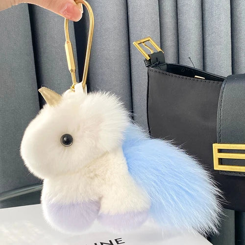 Fluffy Cute Unicorn Bag Charm Real Rex Rabbit Fur Key Ring – A Soft Sprinkle of Magic on the Go