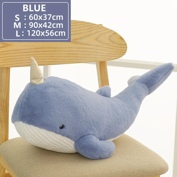 Blue Narwhal and Grey Shark Plush Toys – Soft Sea Animal Pillows