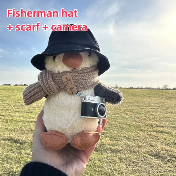 16cm Cartoon Peanut Or Penguin With Hat Scarf Camera Plush Animal Keychain Car Hang Doll Decor Backpack Pendant Cute Gifts