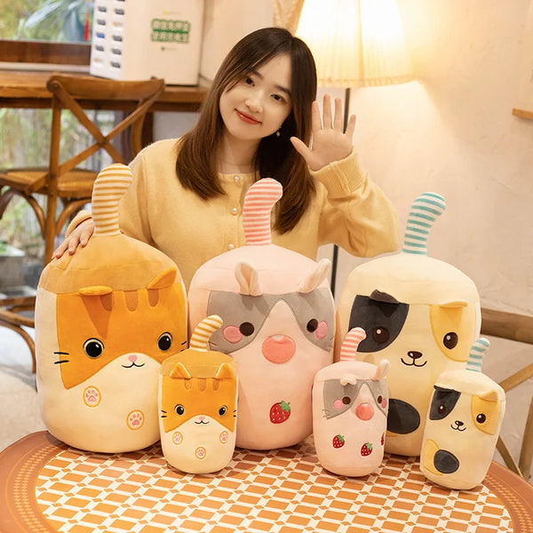 Cute Stuffed Boba Tea Cup Plush with Dog Cat Rabbit Face Bubble Milk Tea Plush Kawaii Cartoon Pillow Hug Gift for Kids Lover | Kawaii Snuggle