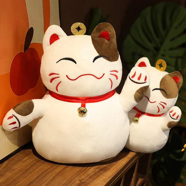 Smiling Fortune Cat Plush – Soft Lucky Cat Toy with Bell