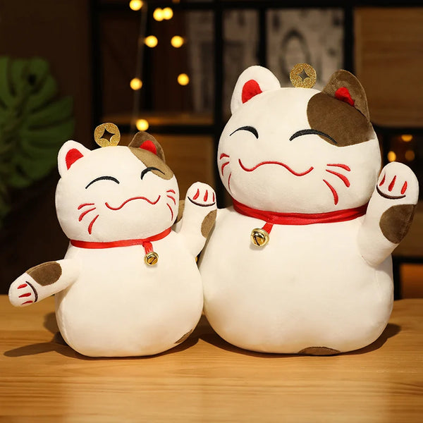 Smiling Fortune Cat Plush – Soft Lucky Cat Toy with Bell