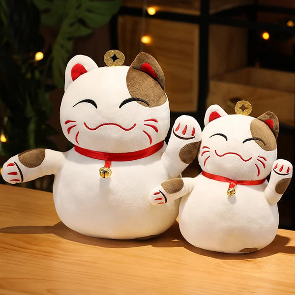 Smiling Fortune Cat Plush – Soft Lucky Cat Toy with Bell