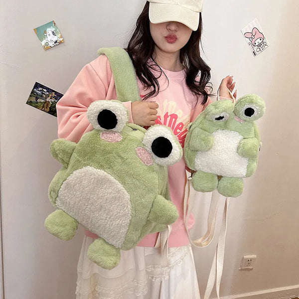 Cute plush frog backpack funny cartoon school bag small shoulder bag