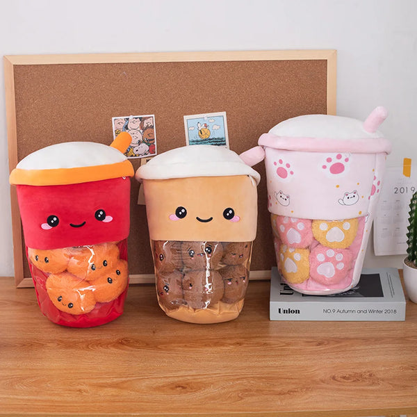 A Bucket Of 6pcs Boba Milk Tea Pudding Plush Toy Cat Paw Wolfberry Hug Creative Lohas Throw Pillow Cartoon Kids Gifts Sofa Decor