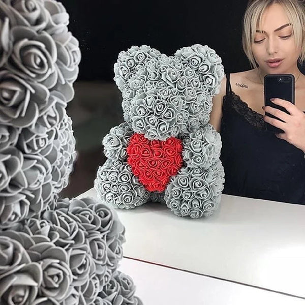 Artificial Rose Heart Teddy Bear Handmade Bear of Roses for Women Valentine's Day Wedding Birthday Gift