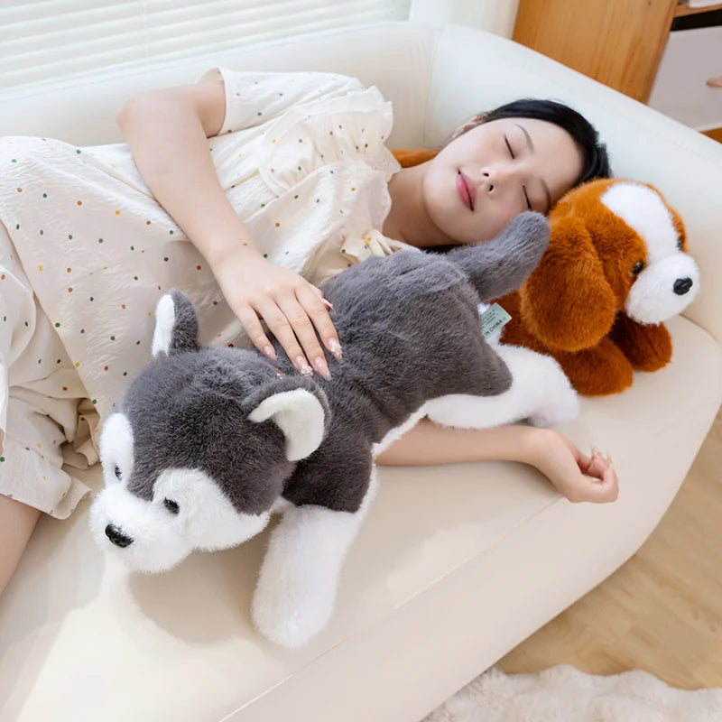 40/60CM Simulation Cute Dog Wear Choker Plush Toy Stuffed Animal Soft Kawaii Lying Pet Puppy Pillow Husky Beagle Doll Toy Gifts
