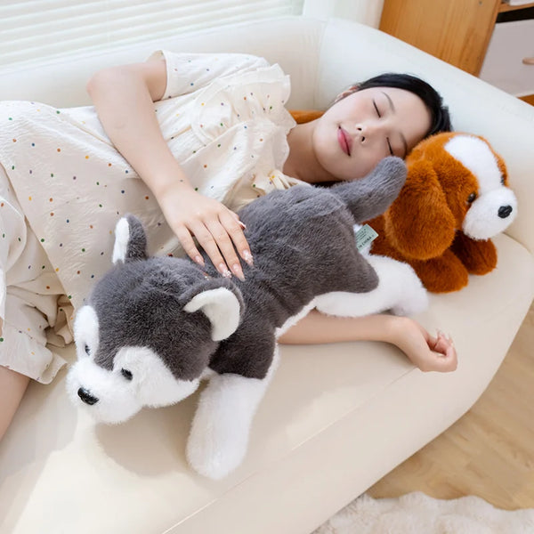 40/60CM Simulation Cute Dog Wear Choker Plush Toy Stuffed Animal Soft Kawaii Lying Pet Puppy Pillow Husky Beagle Doll Toy Gifts