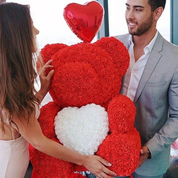 Artificial Rose Heart Teddy Bear Handmade Bear of Roses for Women Valentine's Day Wedding Birthday Gift