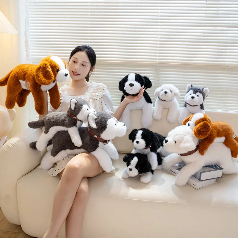 40/60CM Simulation Cute Dog Wear Choker Plush Toy Stuffed Animal Soft Kawaii Lying Pet Puppy Pillow Husky Beagle Doll Toy Gifts