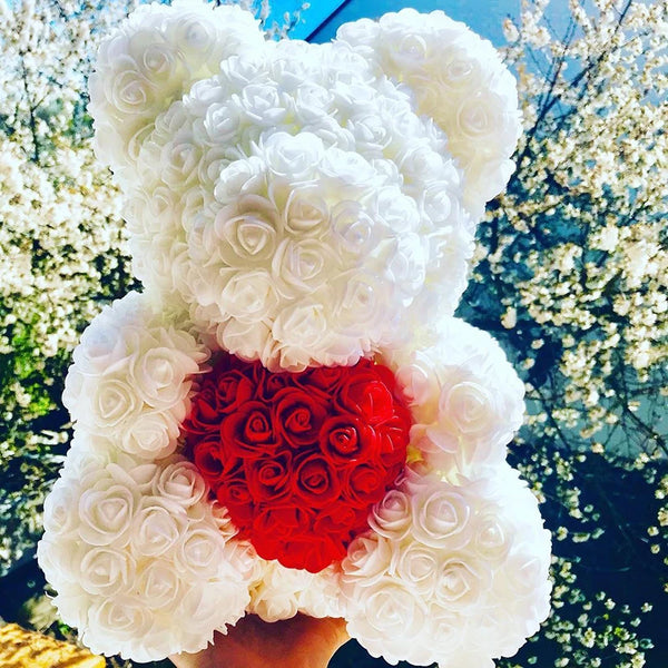 Artificial Rose Heart Teddy Bear Handmade Bear of Roses for Women Valentine's Day Wedding Birthday Gift