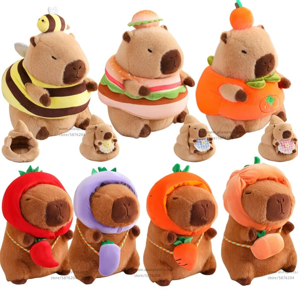 Cosplay Capybara Plushie in Veggie Hoodie Bee Hamburger & Cute Cloth Outfits
