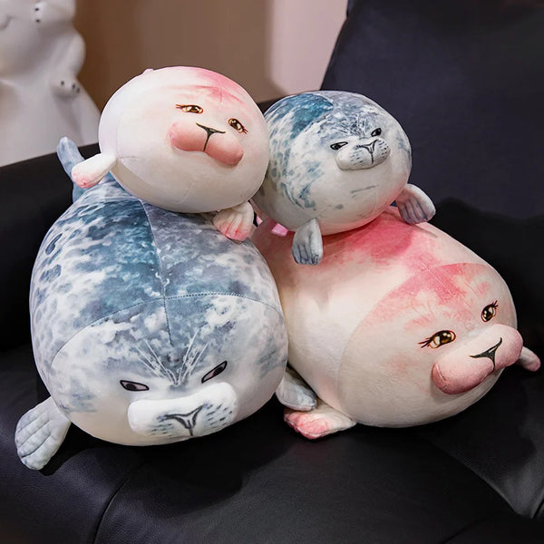 Cute Real Life Blue Pink Couple Sea Lion Plush A Pair of Cuddly Ocean Friends