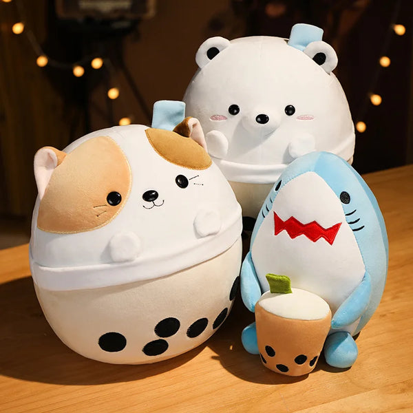 Cute Boba Animal Plush Toy Stuffed Bear Cat Shark Cosplay Boba Milk Tea Soft Doll Kids Toys Birthday Christmas Gift for Child