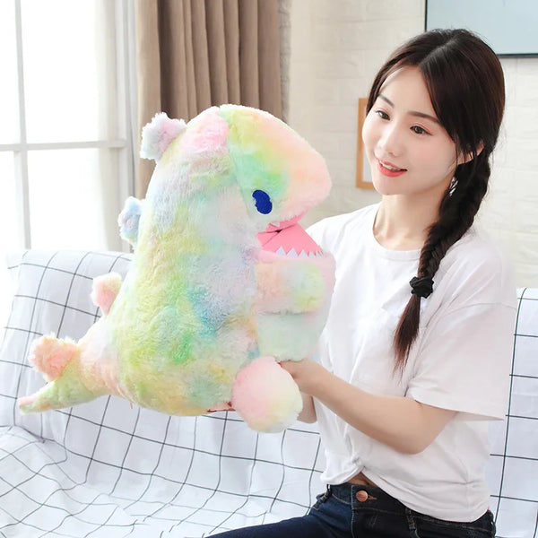 Colorful Dinosaur Plush Toy with Flannel Blanket Fuzzy Giant Dino Rainbow Colors
