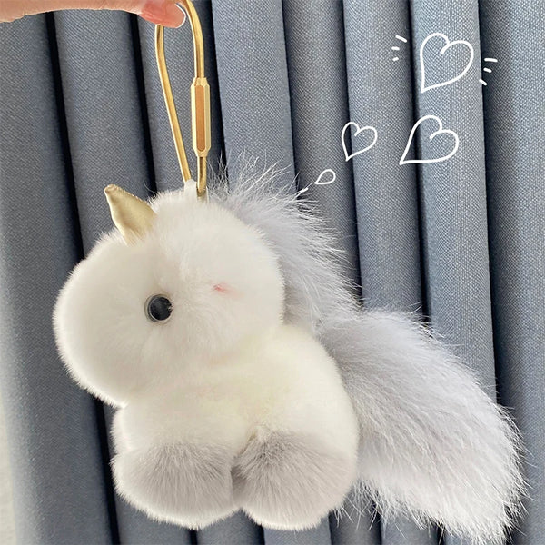 Fluffy Cute Unicorn Bag Charm Real Rex Rabbit Fur Key Ring – A Soft Sprinkle of Magic on the Go