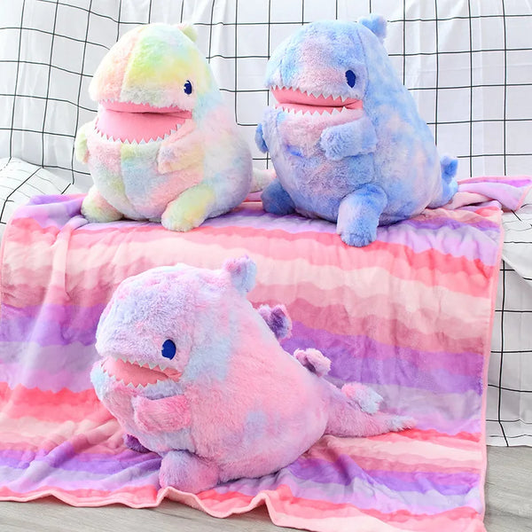 Colorful Dinosaur Plush Toy with Flannel Blanket Fuzzy Giant Dino Rainbow Colors
