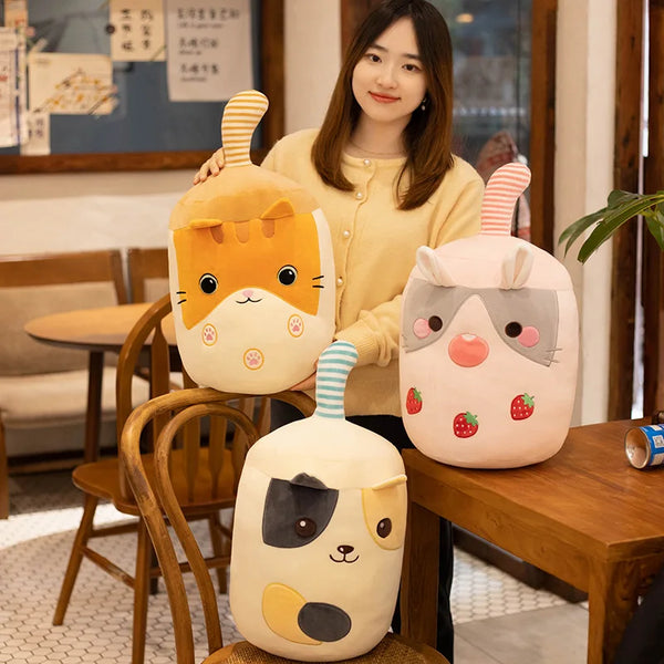 Cute Stuffed Boba Tea Cup Plush with Dog Cat Rabbit Face Bubble Milk Tea Plush Kawaii Cartoon Pillow Hug Gift for Kids Lover | Kawaii Snuggle
