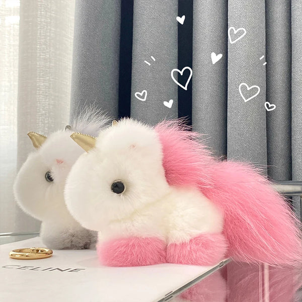 Fluffy Cute Unicorn Bag Charm Real Rex Rabbit Fur Key Ring – A Soft Sprinkle of Magic on the Go