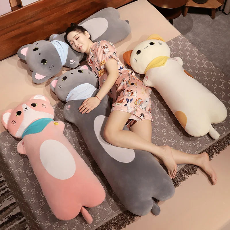 Cat Long Pillow Stuffed Soft Cartoon Animal Bolster Plushie Sleeping Leg Support