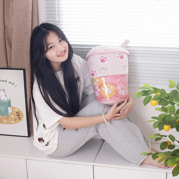 A Bucket Of 6pcs Boba Milk Tea Pudding Plush Toy Cat Paw Wolfberry Hug Creative Lohas Throw Pillow Cartoon Kids Gifts Sofa Decor