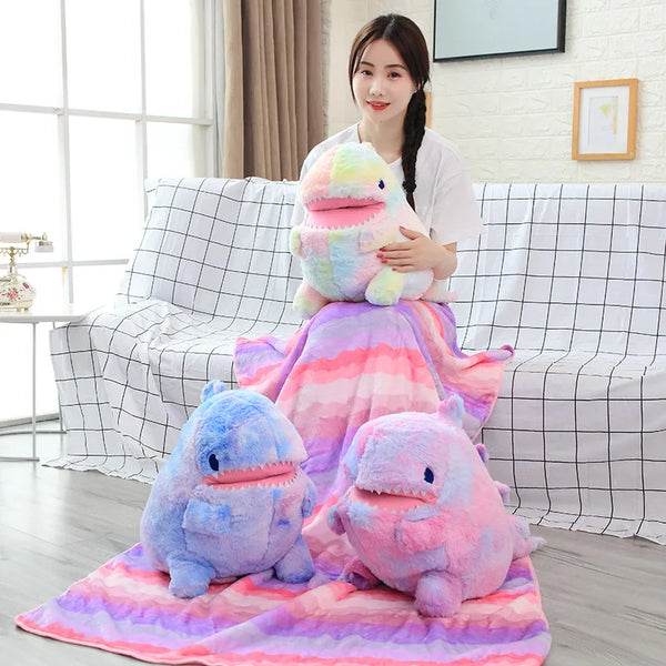 Colorful Dinosaur Plush Toy with Flannel Blanket Fuzzy Giant Dino Rainbow Colors