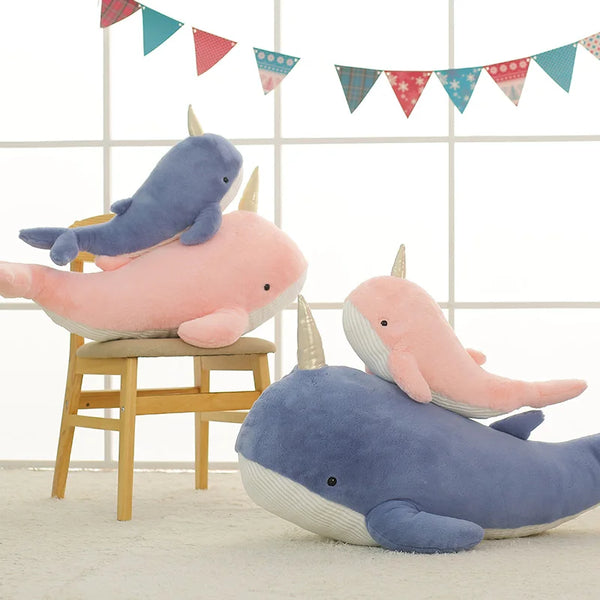Blue Narwhal and Grey Shark Plush Toys – Soft Sea Animal Pillows