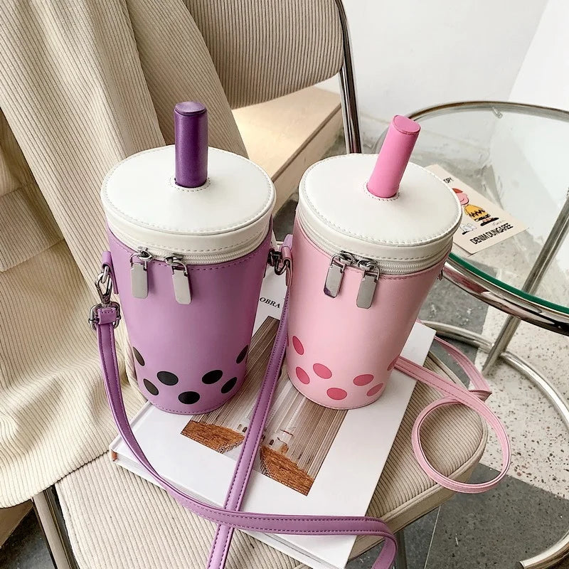Cute Cartoon Milk Tea Women Crossbody Bags High Quality Pu Bucket