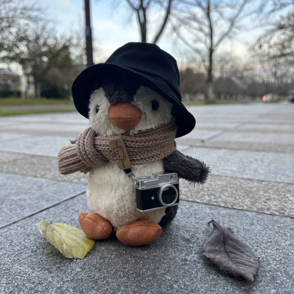 16cm Cartoon Peanut Or Penguin With Hat Scarf Camera Plush Animal Keychain Car Hang Doll Decor Backpack Pendant Cute Gifts