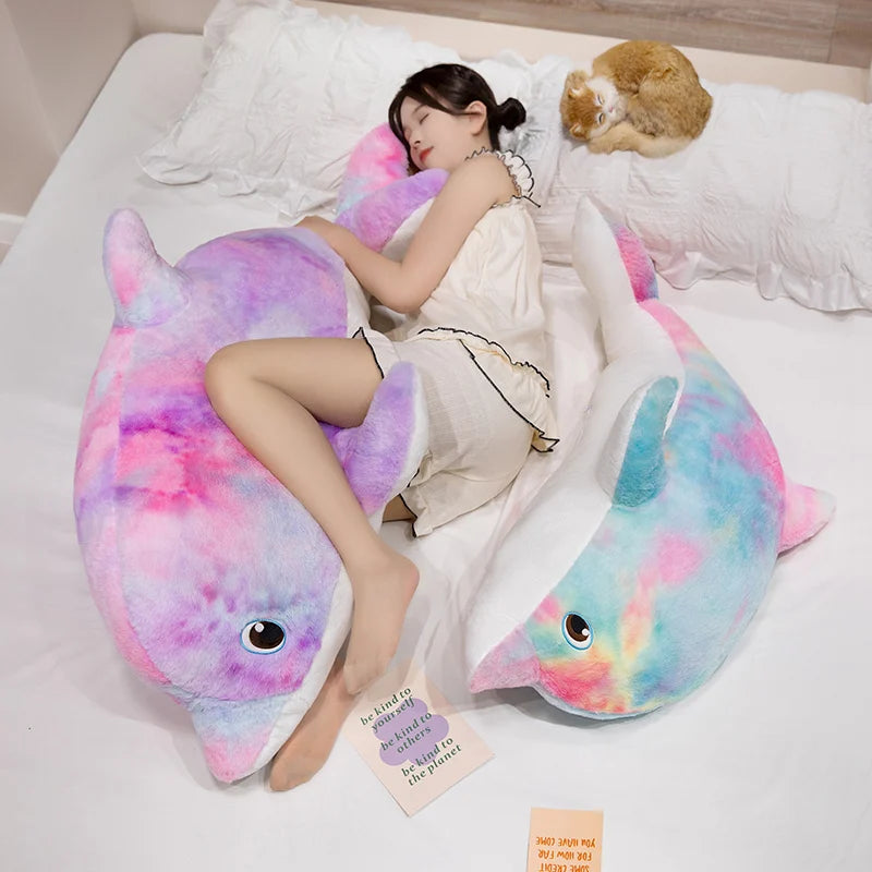 Kawaii Cartoon Colorful Giant Dolphin Plush Doll Pillow Rainbow Marine Animal