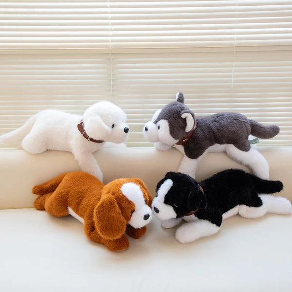 40/60CM Simulation Cute Dog Wear Choker Plush Toy Stuffed Animal Soft Kawaii Lying Pet Puppy Pillow Husky Beagle Doll Toy Gifts