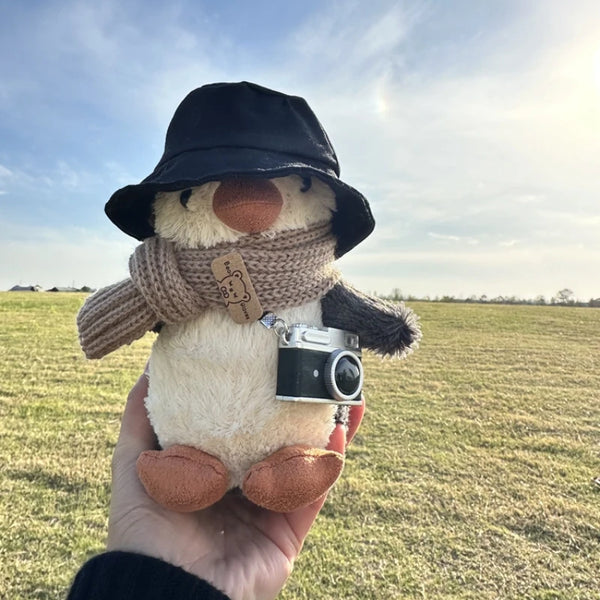 16cm Cartoon Peanut Or Penguin With Hat Scarf Camera Plush Animal Keychain Car Hang Doll Decor Backpack Pendant Cute Gifts