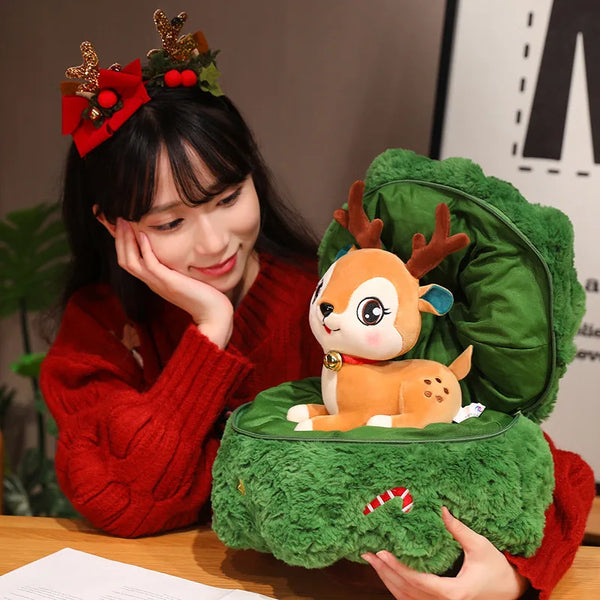 Santa Elk Deer Plush Throw Pillow Figure Fun Sofa Decoration Dolls Christmas Tree Doll 2 in 1 Christmas Gifts for Girlfriend Gift