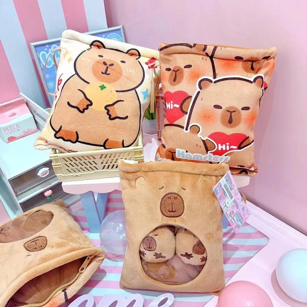 Kawaii Capybara Snack Bag Plush Toy – Soft Plush Bag with 4 Capybara Cubs Inside