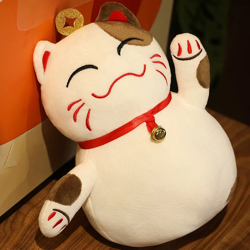 Smiling Fortune Cat Plush – Soft Lucky Cat Toy with Bell