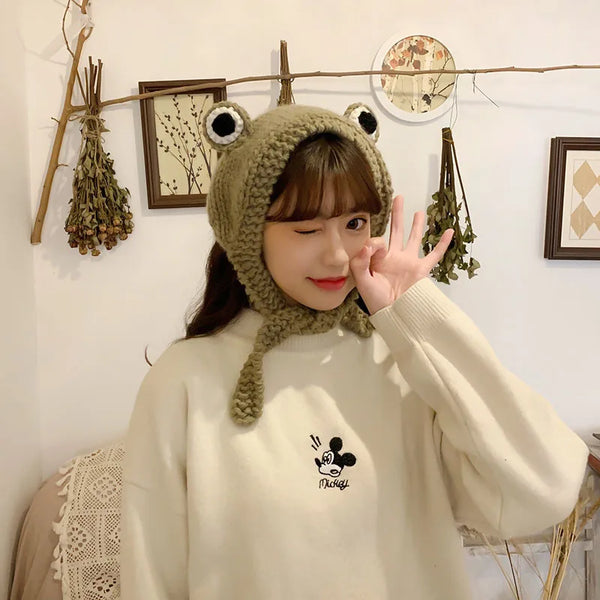 Frog Headband Hat Cute Crochet Knitted Headband Big Eye Frog Cap
