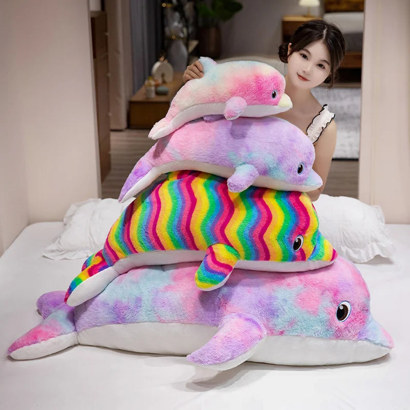 Kawaii Cartoon Colorful Giant Dolphin Plush Doll Pillow Rainbow Marine Animal