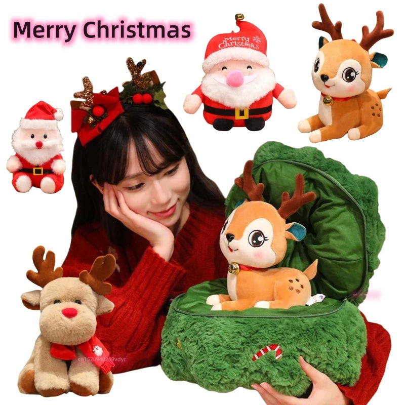 Santa Elk Deer Plush Throw Pillow Figure Fun Sofa Decoration Dolls Christmas Tree Doll 2 in 1 Christmas Gifts for Girlfriend Gift