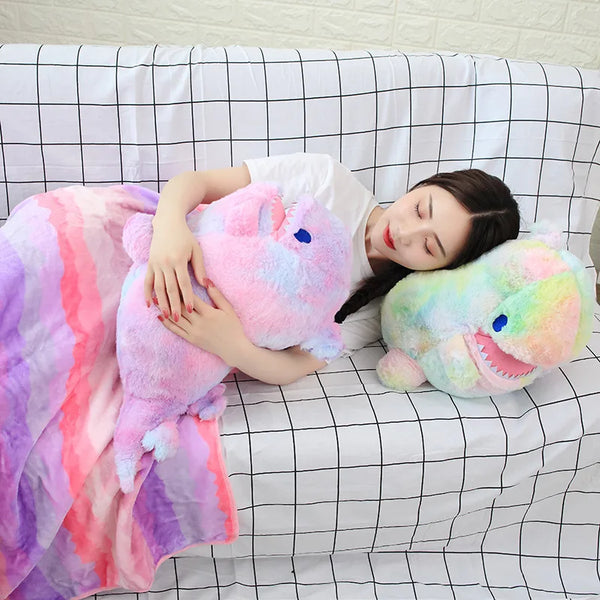 Colorful Dinosaur Plush Toy with Flannel Blanket Fuzzy Giant Dino Rainbow Colors