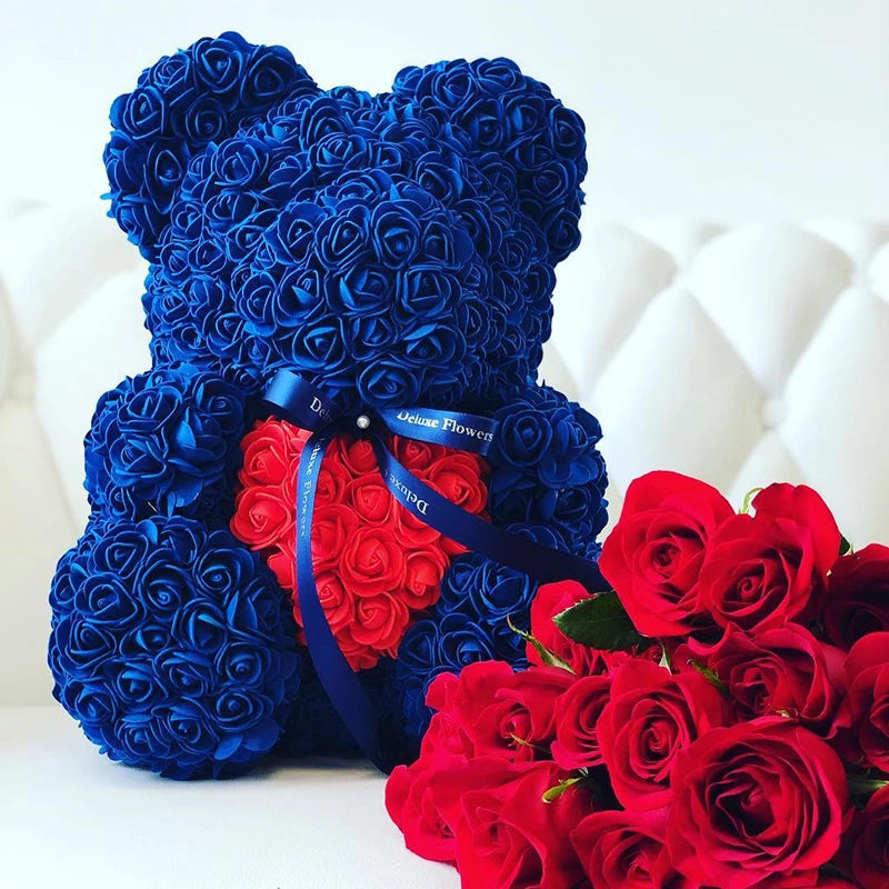 Artificial Rose Heart Teddy Bear Handmade Bear of Roses for Women Valentine's Day Wedding Birthday Gift