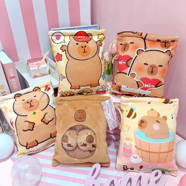 Kawaii Capybara Snack Bag Plush Toy – Soft Plush Bag with 4 Capybara Cubs Inside