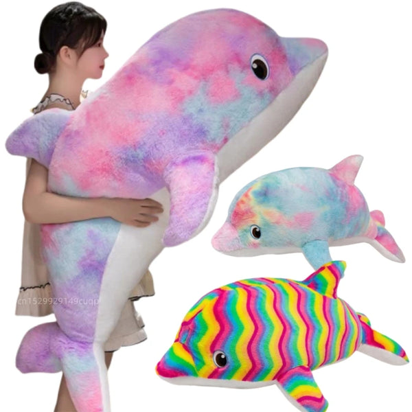 Kawaii Cartoon Colorful Giant Dolphin Plush Doll Pillow Rainbow Marine Animal