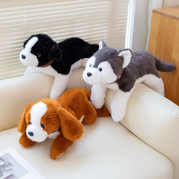 40/60CM Simulation Cute Dog Wear Choker Plush Toy Stuffed Animal Soft Kawaii Lying Pet Puppy Pillow Husky Beagle Doll Toy Gifts
