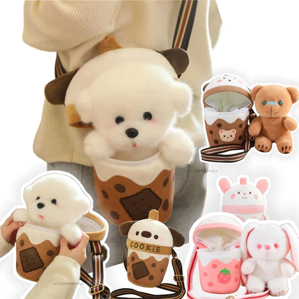Creative Bichon Dog Toy in A Boba Cup Bag Teacup Bear Bunny Crossbody Bags