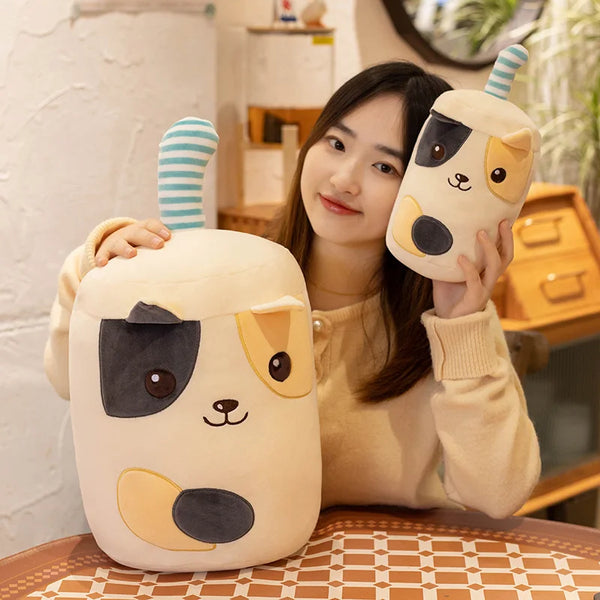 Cute Stuffed Boba Tea Cup Plush with Dog Cat Rabbit Face Bubble Milk Tea Plush Kawaii Cartoon Pillow Hug Gift for Kids Lover | Kawaii Snuggle
