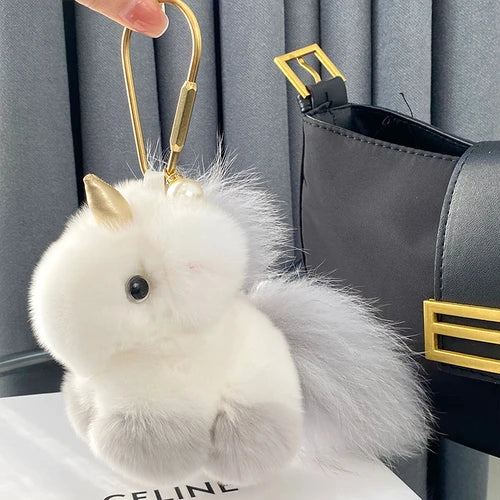 Fluffy Cute Unicorn Bag Charm Real Rex Rabbit Fur Key Ring – A Soft Sprinkle of Magic on the Go