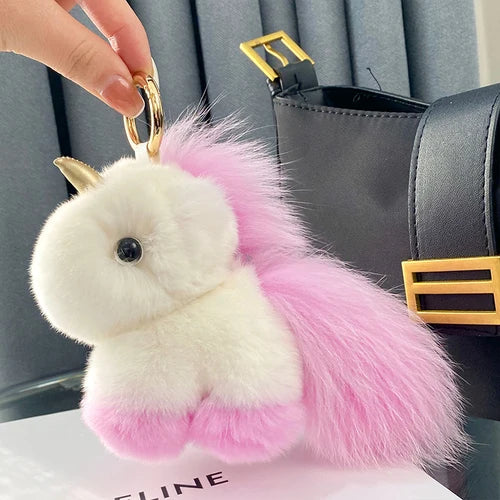 Fluffy Cute Unicorn Bag Charm Real Rex Rabbit Fur Key Ring – A Soft Sprinkle of Magic on the Go