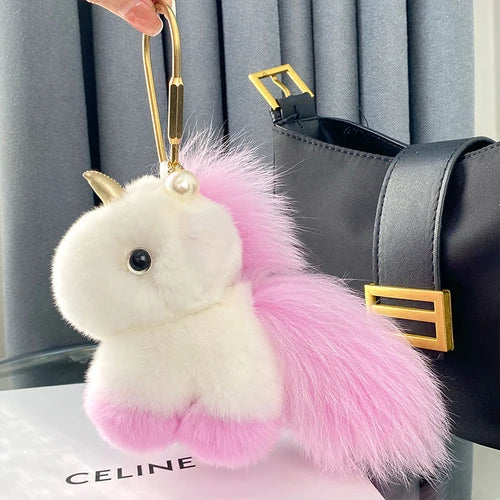 Fluffy Cute Unicorn Bag Charm Real Rex Rabbit Fur Key Ring – A Soft Sprinkle of Magic on the Go