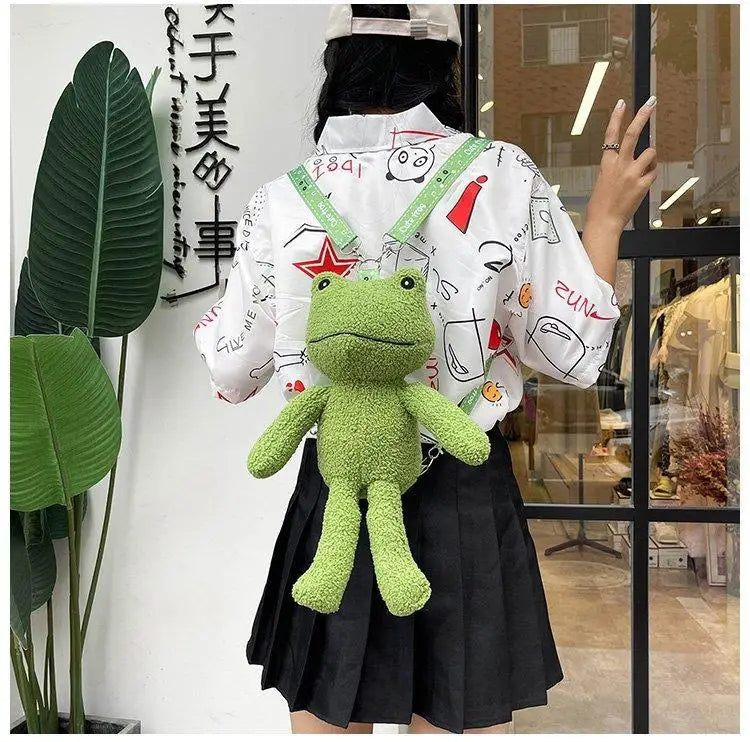 Women Funny Frog backpack net red plush frog bag ins girl cute schoolbag