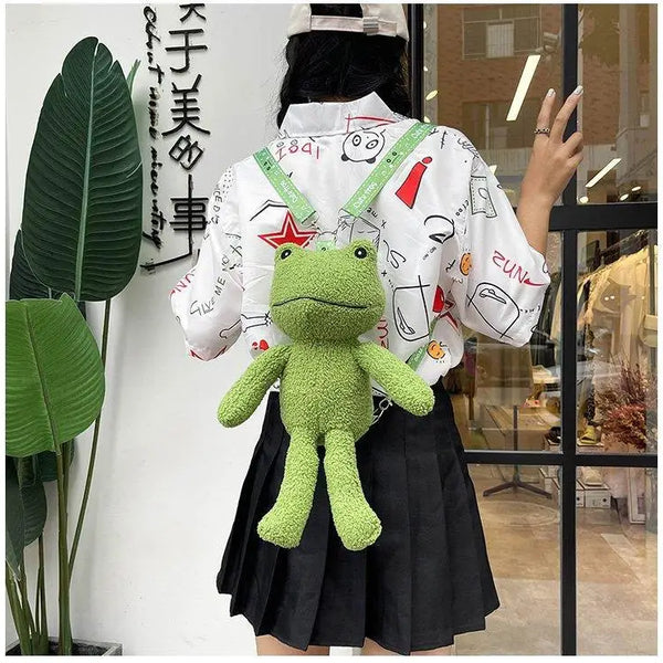 Women Funny Frog backpack net red plush frog bag ins girl cute schoolbag